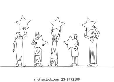 Single one line drawing group of three Arabian women and two Arabian men raised their respective stars. Give positive feedback and the best review. 5 star. Continuous line design graphic illustration