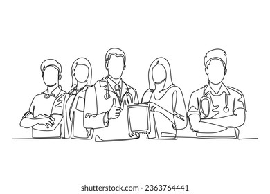 Single one line drawing group of young happy doctor giving thumbs up gesture for best healthcare service in hospital. Medical team work concept. Continuous line draw design graphic vector illustration