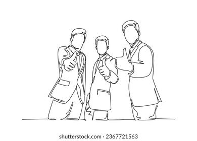 Una sola línea dibujando a un grupo de jóvenes y felices hombres de negocios que se paran juntos y daban el gesto de los pulgares hacia arriba. Concepto de trabajo en equipo para el propietario de un negocio. Ilustración de líneas continuas moderna de diseño gráfico vectorial