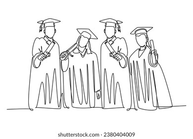 Single one line drawing group male and female college student show their graduation letter to celebrate their graduate from school. Education. Continuous line draw design graphic vector illustration