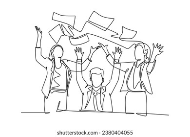 Eine einzige Ziehgruppe von glücklichen männlichen Geschäftsführern und Assistenten, die ihren Erfolg feiern, erreichen das Geschäftsziel. Ziel der Teamarbeit. Grafische Vektorgrafik für kontinuierliche Zeilenzeichnung