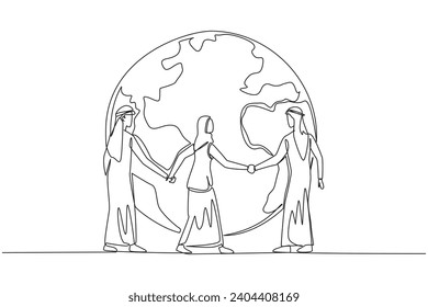 Single one line drawing group of Arabian men and Arabian woman standing arm in arm around a globe. Take part in preserving nature. Green the earth. Protect. Continuous line design graphic illustration