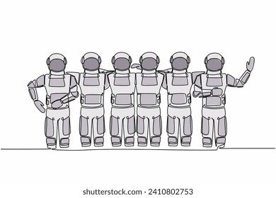 Single one line drawing group of astronaut are hugging. Happy friendship day with diverse friends of spaceman hugging together. Cosmic galaxy space. Continuous line graphic design vector illustration