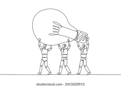 Single one line drawing a group of robots work together to carrying a lightbulb. Amazing artificial intelligence. Bring brilliant ideas. Technology concept. Continuous line design graphic illustration