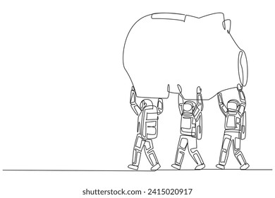 Eine einzige Linie, die eine Astronautengruppe zeichnet, arbeitet mit einem Sparschwein zusammen. Viel Gewinn zu sparen. Kapital für die nächste Weltraumexpedition. Spaceman. Grafische Abbildung des Liniendesigns