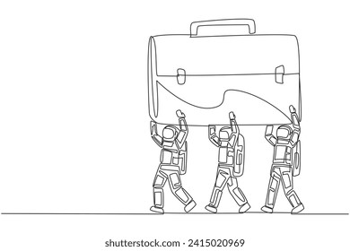 Single one line drawing a group of astronauts work together carrying a briefcase. Light leather material. Easy to carry during space missions. Spaceman. Continuous line design graphic illustration