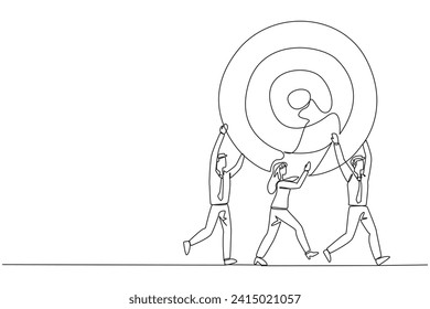 Single one line drawing group of businessmen and businesswomen work together carrying arrow target board. Maintain cohesiveness. Achieve the stated targets. Continuous line design graphic illustration