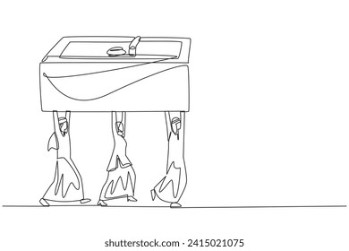 Single one line drawing group of Arab businessmen and Arab businesswomen work together carrying safe deposit box. Work hard. Store important business data. Continuous line design graphic illustration