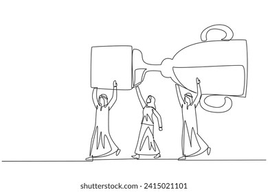 Single one line drawing group of Arab businessmen and Arab businesswomen work together carry the trophy. Very solid. Reliable business people get rewards. Continuous line design graphic illustration