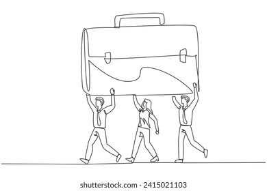 Una sola línea que dibuja a un grupo de hombres de negocios y mujeres de negocios trabaja juntos llevando una cartera de documentos. Conciso. Facilitar los viajes de negocios. Promoción. Bolsa. Ilustración gráfica de diseño de línea continua