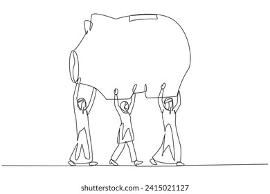 Single one line drawing group of Arab businessmen and Arab businesswomen work together carrying a piggy bank. Offering investment. Avoid waste. Economical. Continuous line design graphic illustration