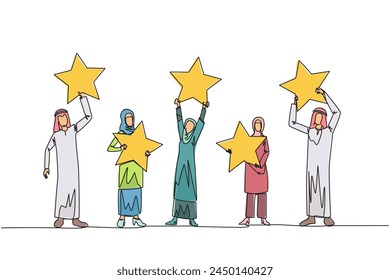 Single one line drawing group of three Arabian women and two Arabian men raised their respective stars. Give positive feedback and the best review. 5 star. Continuous line design graphic illustration