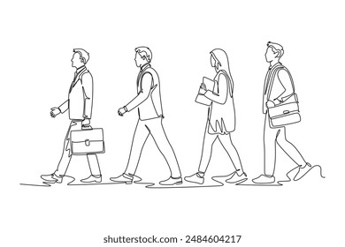 Single one line drawing of group urban male and female commuters walking every day on city road go to the office. Urban commuter workers. Modern continuous line draw design graphic vector illustration