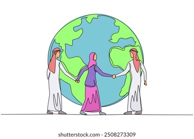 Single one line drawing group of Arabian men and Arabian woman standing arm in arm around a globe. Take part in preserving nature. Green the earth. Protect. Continuous line design graphic illustration