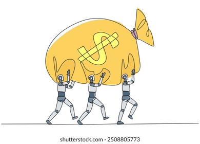 Una sola línea que dibuja un grupo de robots trabajan juntos para llevar la bolsa de dinero. Una cooperación sólida proporciona muchos beneficios. Tecnología artificial. Ilustración gráfica de diseño de línea continua