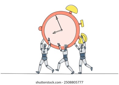 Single one line drawing group of robots work together carrying alarm clock. Limited trial time. Artificial intelligence should be released soon. Technology. Continuous line design graphic illustration