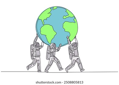 Single one line drawing group of astronauts working together to carry globe. Very successful space mission. Get back to earth as soon as possible. Spaceman. Continuous line design graphic illustration