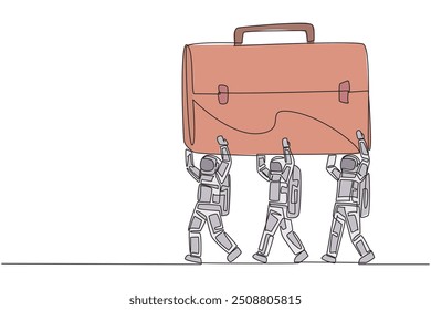 Single one line drawing a group of astronauts work together carrying a briefcase. Light leather material. Easy to carry during space missions. Spaceman. Continuous line design graphic illustration