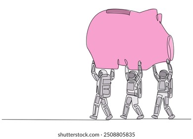 Una sola línea dibujando un grupo de astronautas que trabajan juntos llevando una hucha. Guardar Un montón de ganancias a $. Capital para la próxima expedición espacial. Hombre del espacio. Ilustración gráfica de diseño de línea continua