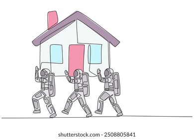 Single one line drawing group of astronauts work together carrying a miniature house. Investment in home property. Very profitable in the future. Cosmonaut. Continuous line design graphic illustration