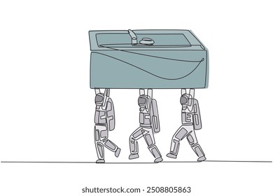 Single one line drawing a group of astronauts work together carrying safe deposit box. Maximum function for storing important things. Safe. Cosmonaut. Continuous line design graphic illustration