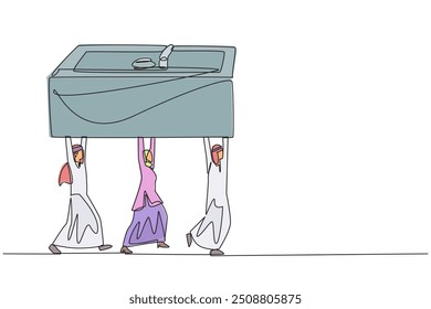 Un solo grupo de dibujo de una línea de hombres de negocios árabes y mujeres de negocios árabes trabajan juntos llevando una caja de seguridad. Trabaja duro. Almacena datos importantes de tu negocio. Ilustración gráfica de diseño de línea continua