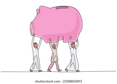 Single one line drawing group of Arab businessmen and Arab businesswomen work together carrying a piggy bank. Offering investment. Avoid waste. Economical. Continuous line design graphic illustration