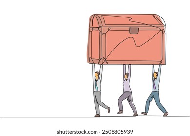 Single one line drawing group of businessmen and businesswomen work together carrying treasure chest. Celebrate business success together. Bonuses. Reward. Continuous line design graphic illustration