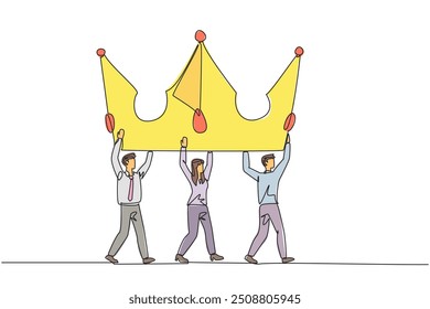 Single one line drawing a group of businessmen and businesswomen work together to carrying crown. Increasingly respected business empire. Success together. Continuous line design graphic illustration