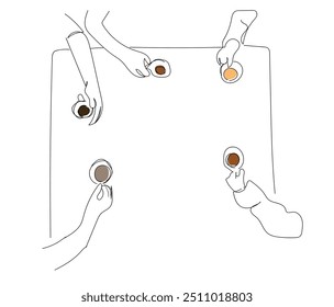 Single one line drawing Group of multiethnic colleagues drink coffee sitting at table during break and laugh telling funny jokes. Happy people relaxing enjoying socializing and meeting 