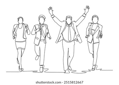 Um único grupo de desenho de uma linha de trabalhadores masculinos e femininos que fazem corrida de velocidade na linha de chegada transversal da pista de estrada. Conceito de concorrência de gestão de negócios. Ilustração de vetor gráfico de design de desenho de linha contínua