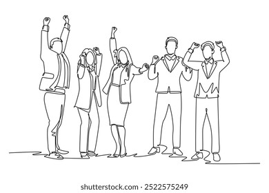 Uma única linha desenhando o grupo jovens homens felizes e trabalhadoras levantando as mãos juntos na sala de escritório. Conceito de celebração de trabalho em equipe empresarial. Ilustração de vetor gráfico de design de desenho de linha contínua