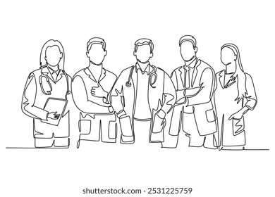 Single one line drawing group of talented male and female doctors standing and posing together at hospital. Medical health care services treatment. Continuous line design graphic vector illustration