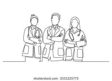 Un solo grupo de dibujo de una línea de médicos jóvenes hombres y mujeres de pie juntos con gestos de manos dobladas. Servicio de atención médica de trabajo en equipo. Ilustración vectorial gráfica de diseño de dibujo de línea continua