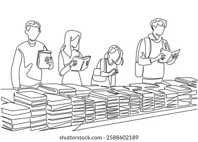 Single one line drawing a group of men and women standing choosing books among various piles of books. Cheap book market. Sell. National Small Business Day. Continuous line design graphic illustration