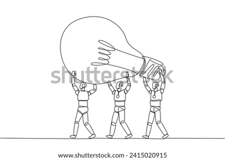 Single one line drawing a group of robots work together to carrying a lightbulb. Amazing artificial intelligence. Bring brilliant ideas. Technology concept. Continuous line design graphic illustration