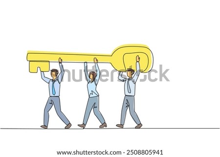 Single one line drawing a group of businessmen and businessmen work together carrying the key. Offer solutions. Solve problems together for amazing profit. Continuous line design graphic illustration