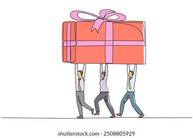 Einzeilige Zeichnungsgruppen von Geschäftsleuten und Geschäftsfrauen arbeiten zusammen, um Geschenkbox zu tragen. Anwesend. Preise. Nachweis des Geschäftserfolgs. Leistung. Grafische Illustration zum Liniendesign