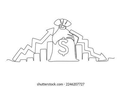 Una sola línea dibujando flecha creciendo hacia arriba y abajo con bolsa de dinero en dólares. Economía y concepto de negocios. Ilustración gráfica de vector de diseño de línea continua.