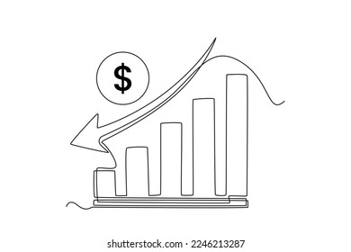 Single one line drawing growth finance diagram with arrow going down. Economics and Business Concept. Continuous line draw design graphic vector illustration.