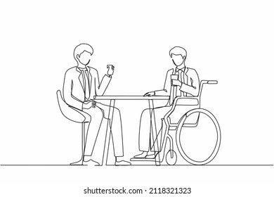 Single one line drawing guys spend time together. Two businessmen talk at business meeting. Colleagues have coffee break. Disability male drinks coffee with his friend. Continuous line design vector