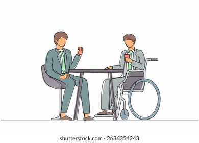Single one line drawing guys spend time together. Two businessmen talk at business meeting. Colleagues have coffee break. Disability male drinks coffee with his friend. Continuous line design vector