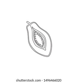 Single one line drawing of half sliced healthy organic papaya for orchard logo identity. Fresh fruitage concept for fruit garden icon. Modern continuous line draw design vector graphic illustration