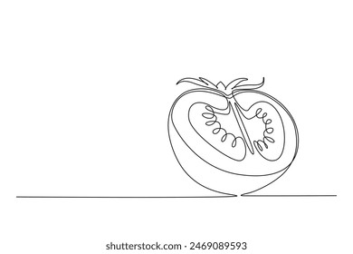 Una sola línea que dibuja el tomate orgánico sano medio cortado para la identidad del logotipo de la agricultura. Concepto vegetal tropical fresco para el icono del jardín vegetal. Ilustración vectorial gráfica de diseño de dibujo de línea continua