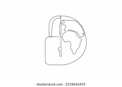 Single one line drawing half padlock and half of a globe. Too many threats in cyberspace. Protected with double security. Password. Safer Internet Day. Continuous line design graphic illustration