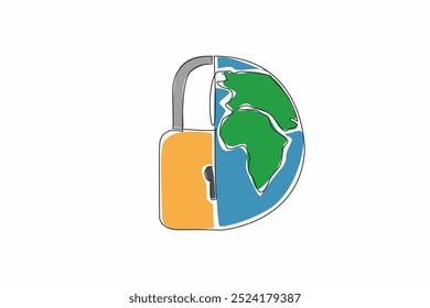 Single one line drawing half padlock and half of a globe. Too many threats in cyberspace. Protected with double security. Password. Safer Internet Day. Continuous line design graphic illustration