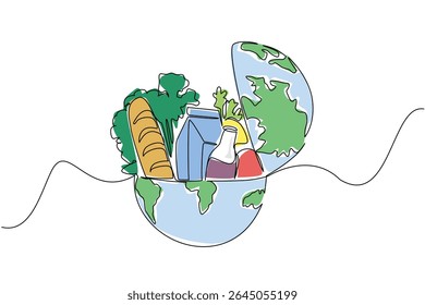 Uma única linha desenhando meio globo redondo com topo aberto com pão francês, garrafa de vidro de leite, legumes. Falta de equidade nutricional. Dia Mundial da Fome. Ilustração gráfica de design de linha contínua