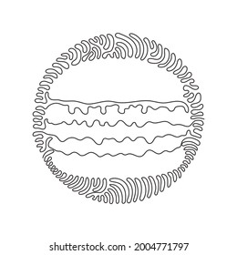 Single one line drawing hamburger, cheeseburger. Bun with cutlet, cheese, lettuce, tomato. Street fast food. Swirl curl circle background style. Continuous line draw design graphic vector illustration