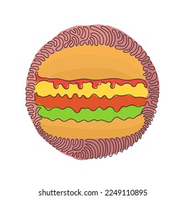 Single one line drawing hamburger, cheeseburger. Bun with cutlet, cheese, lettuce, tomato. Street fast food. Swirl curl circle background style. Continuous line draw design graphic vector illustration
