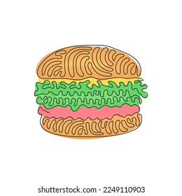 Single one line drawing hamburger, cheeseburger. Bun with cutlet, cheese, lettuce, tomato. American Street fast food. Swirl curl style. Modern continuous line draw design graphic vector illustration